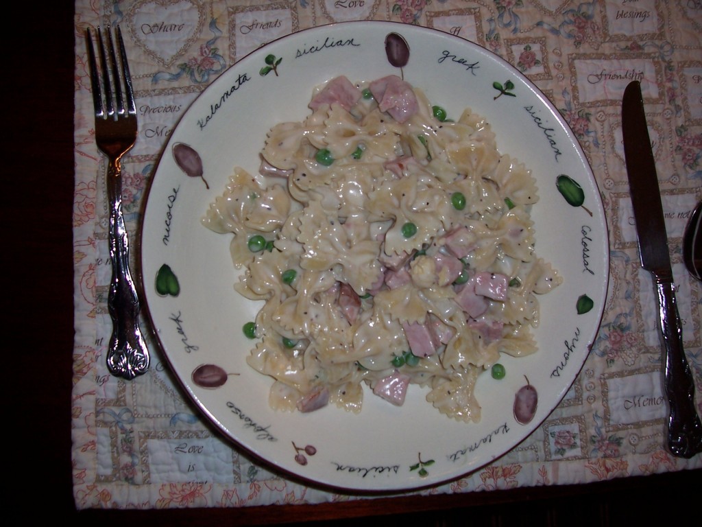 Bow Tie Pasta with Ham + Peas in Cream Sauce